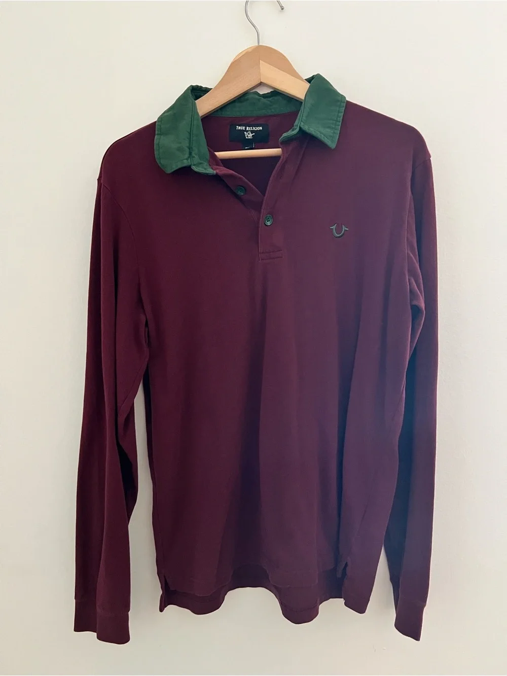 True Religion Men's Long-Sleeve Polo - Burgundy with Green Collar
